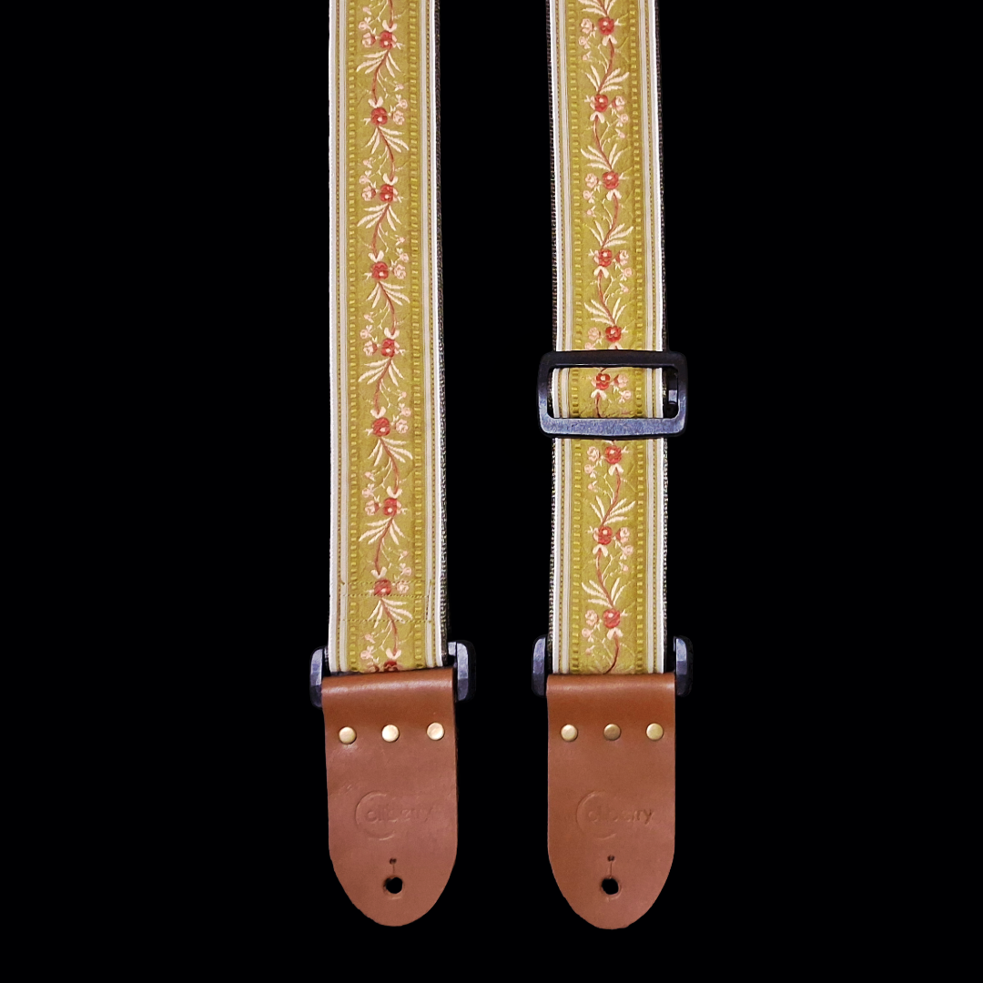 'Japanese Garden' in Olive - Handmade Guitar Strap with Real Leather ends.
