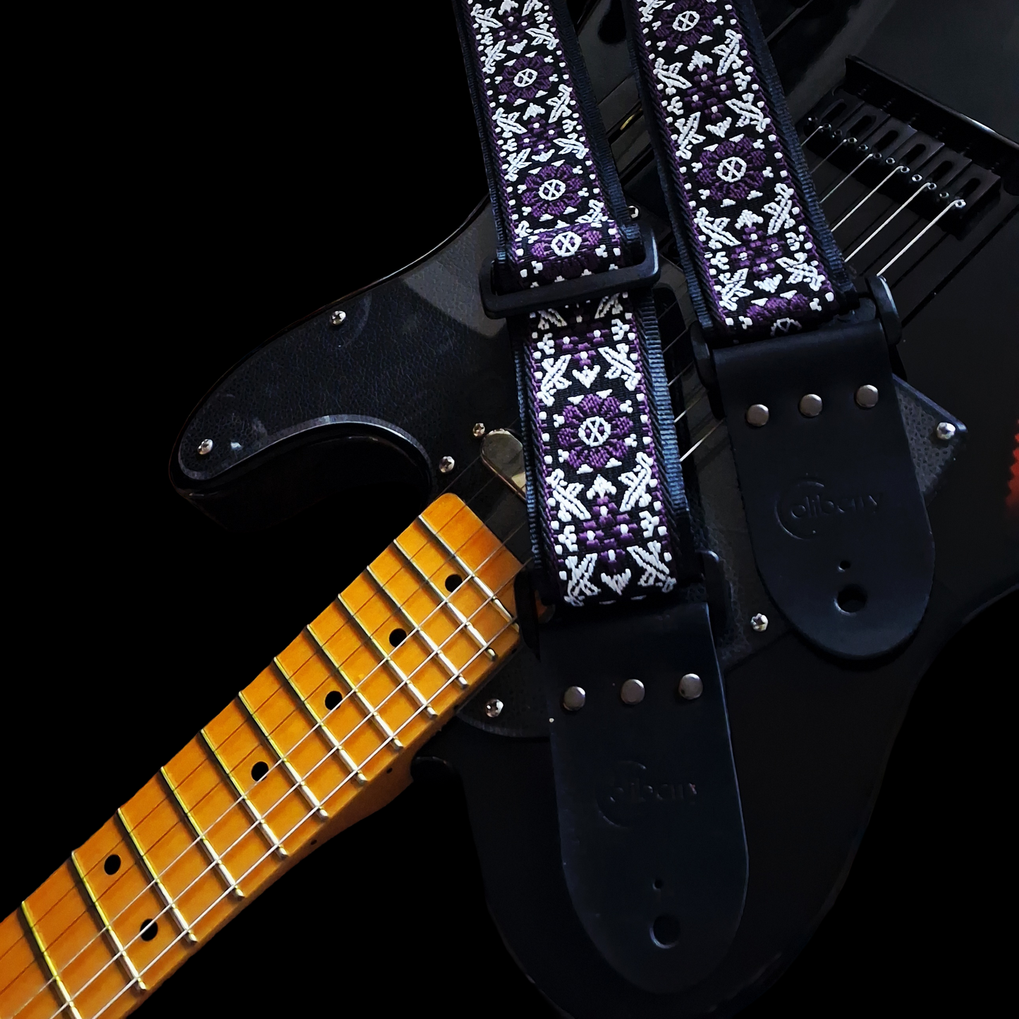 Handmade 'Purple Haze'  Guitar Strap: Patterned Webbing, Seatbelt backing and Leather Ends. Adjustable.