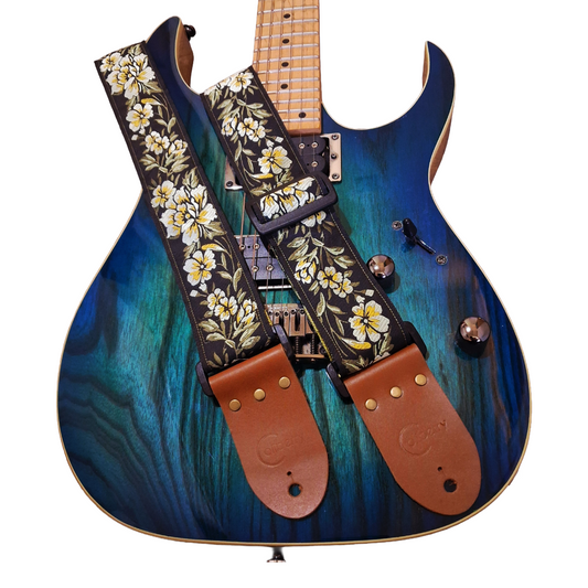 'Yellow Peony' Handmade Guitar Strap with Real Leather ends. Adjustable.