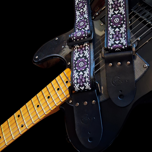 Handmade 'Purple Haze'  Guitar Strap: Patterned Webbing, Seatbelt backing and Leather Ends. Adjustable.