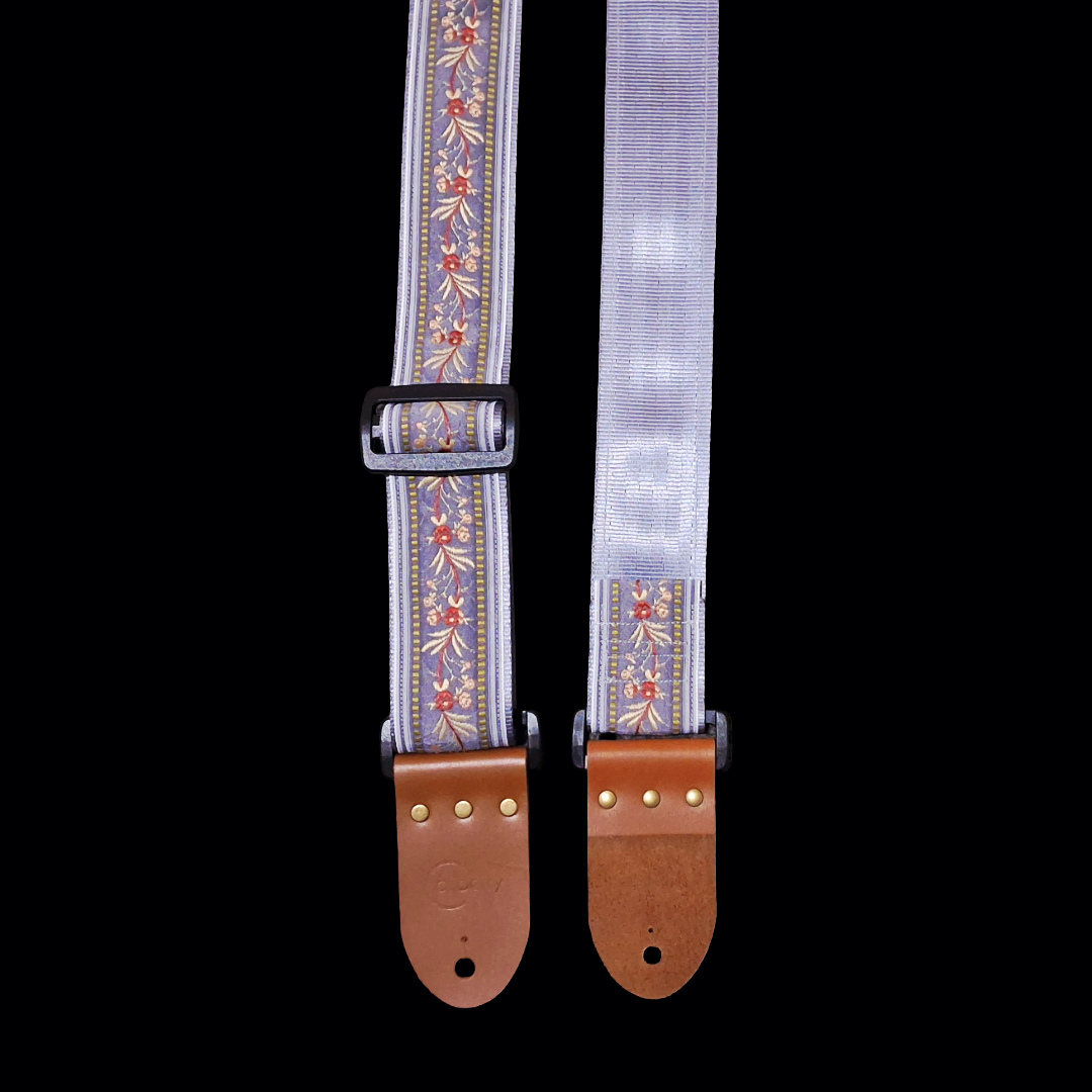 'Japanese Garden' in Grey. Handmade Guitar Strap with Real Leather ends. Adjustable.
