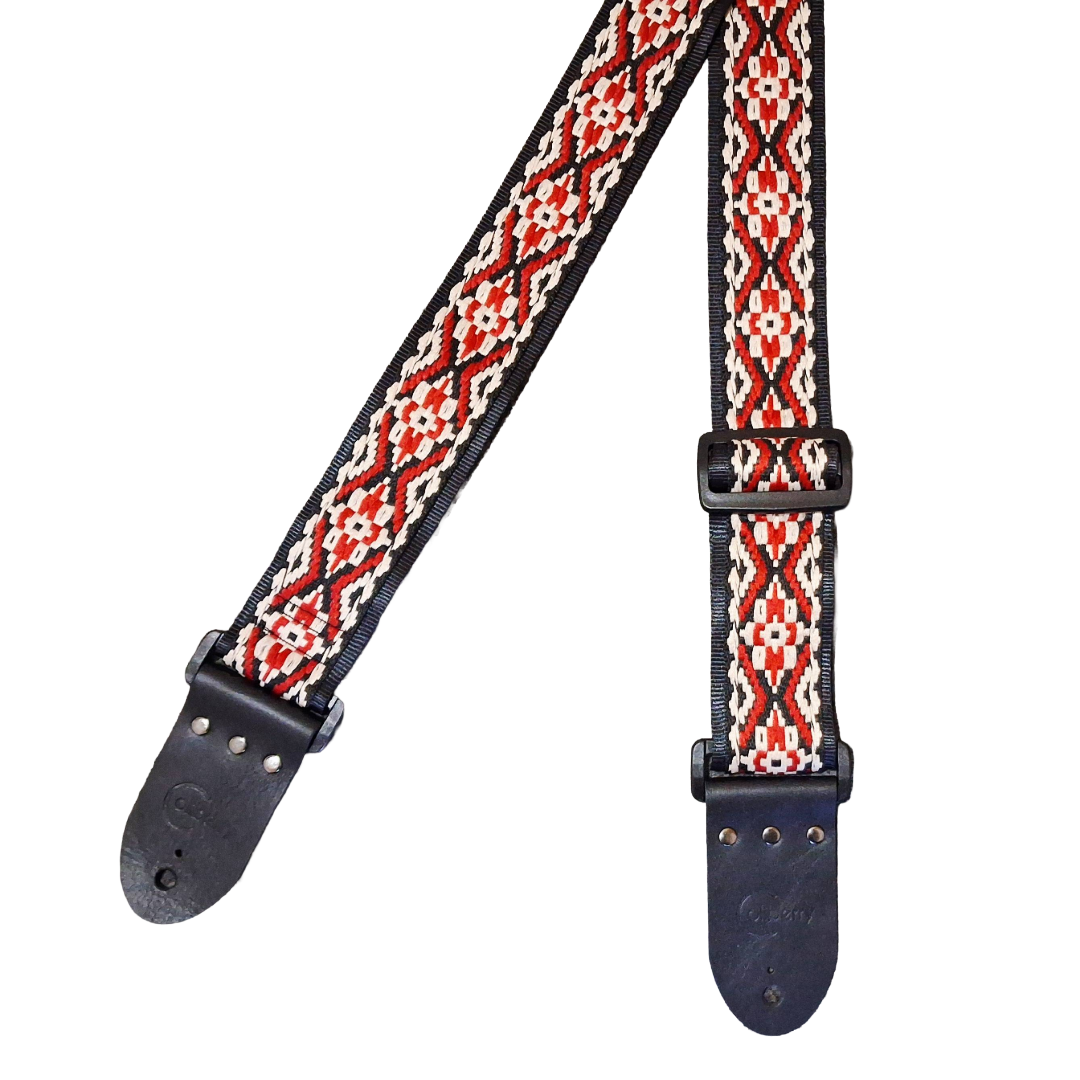 Handmade 'Inca' red guitar strap. Adjustable.