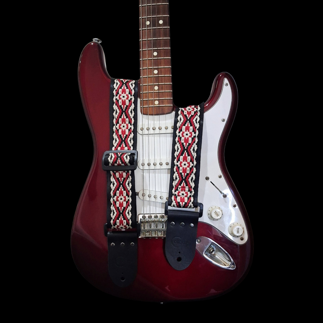 Handmade 'Inca' red guitar strap. Adjustable.
