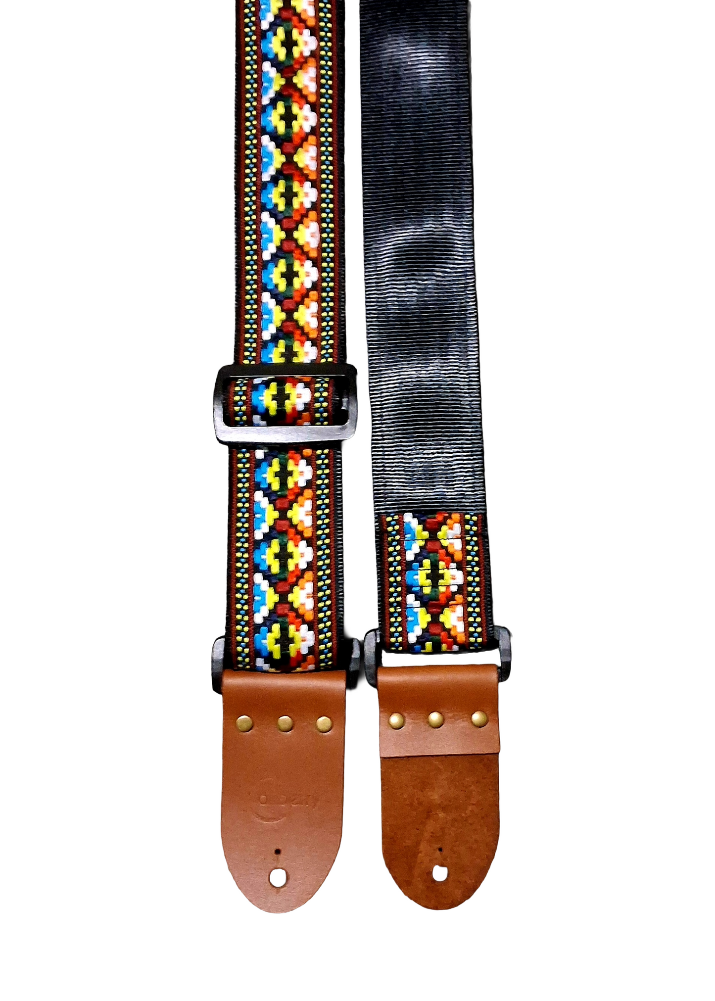 Handmade Cancun Guitar Strap: Aztec multicolour pattern Jacquard Ribbon and Leather Ends.