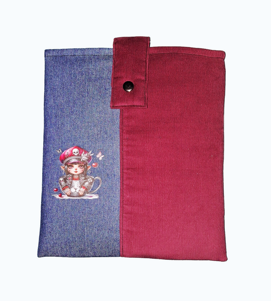 Handmade Padded Burgundy Corduroy and Denim Tablet Cover  (Book Sleeve).