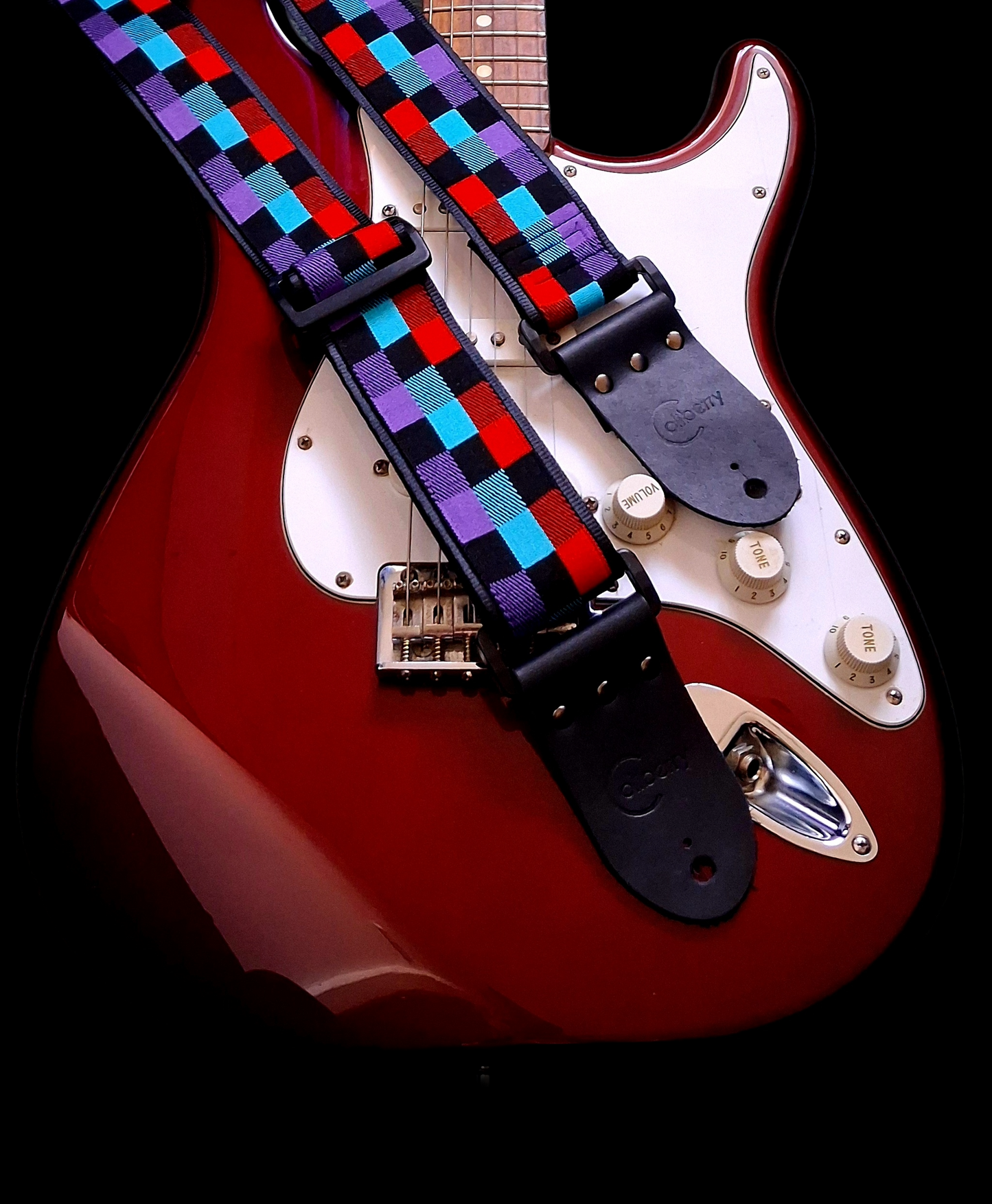 Handmade Chromatix Guitar Strap: vivid multicolour boxes pattern Jacquard Ribbon with Leather Ends. Adjustable.
