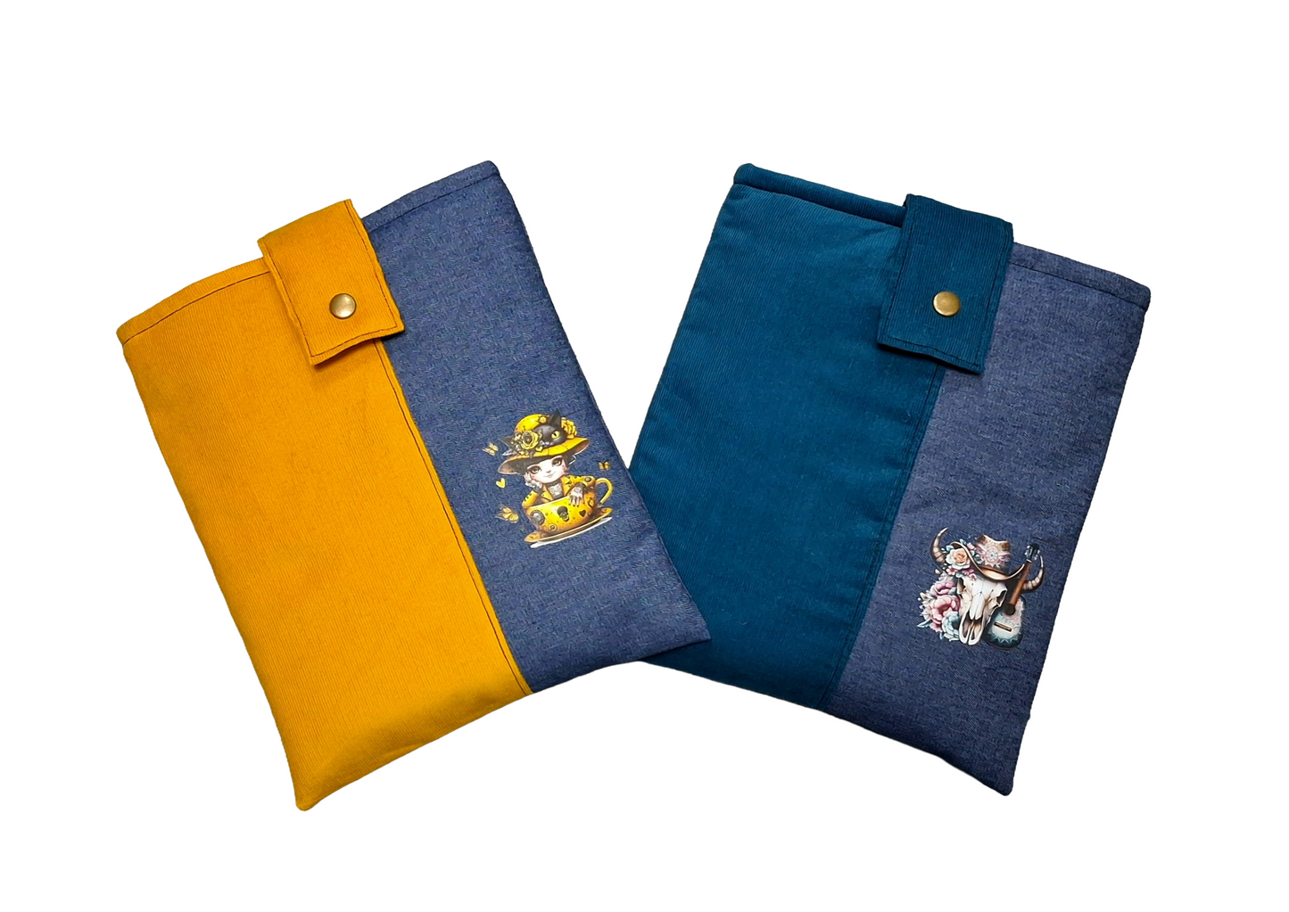Handmade Padded Book Sleeve/Tablet Cover. Teal Corduroy and denim with snap on closure.
