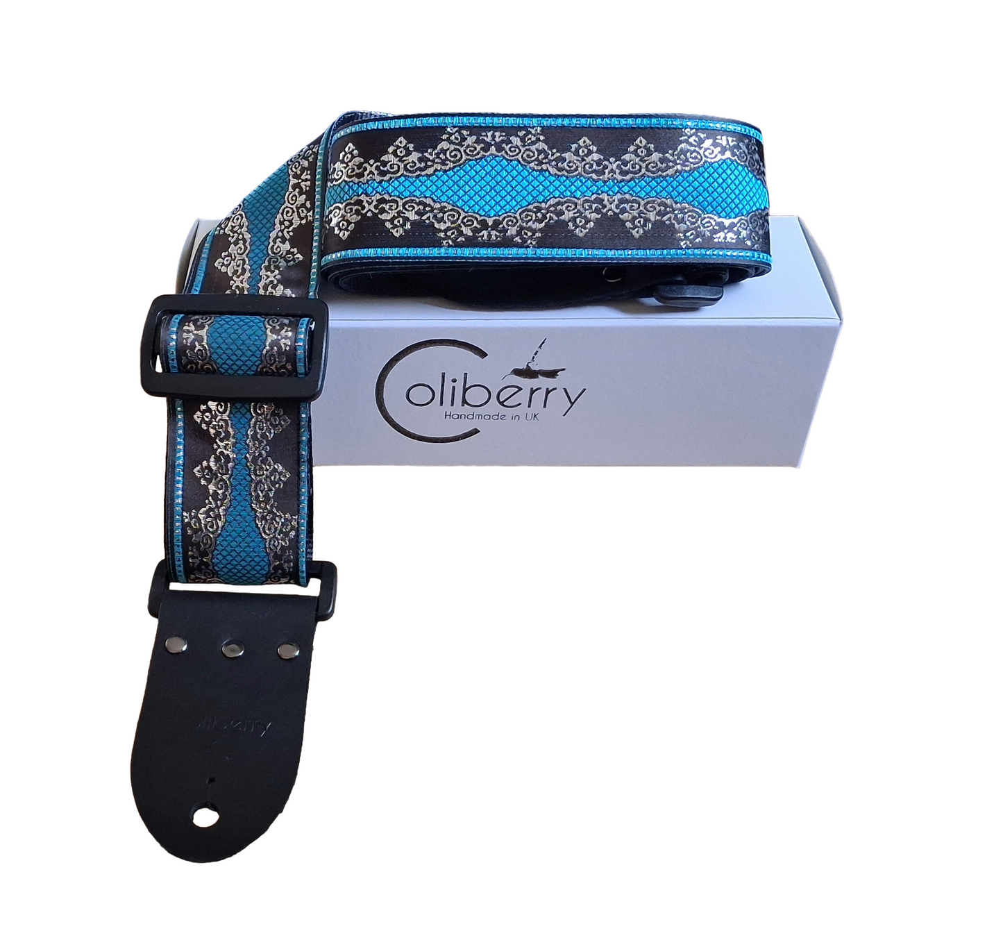 Handmade guitar strap - 'Venecia' Turquoise, Black and Silver with Black Seatbelt backing and Montana Black Real Leather ends.
