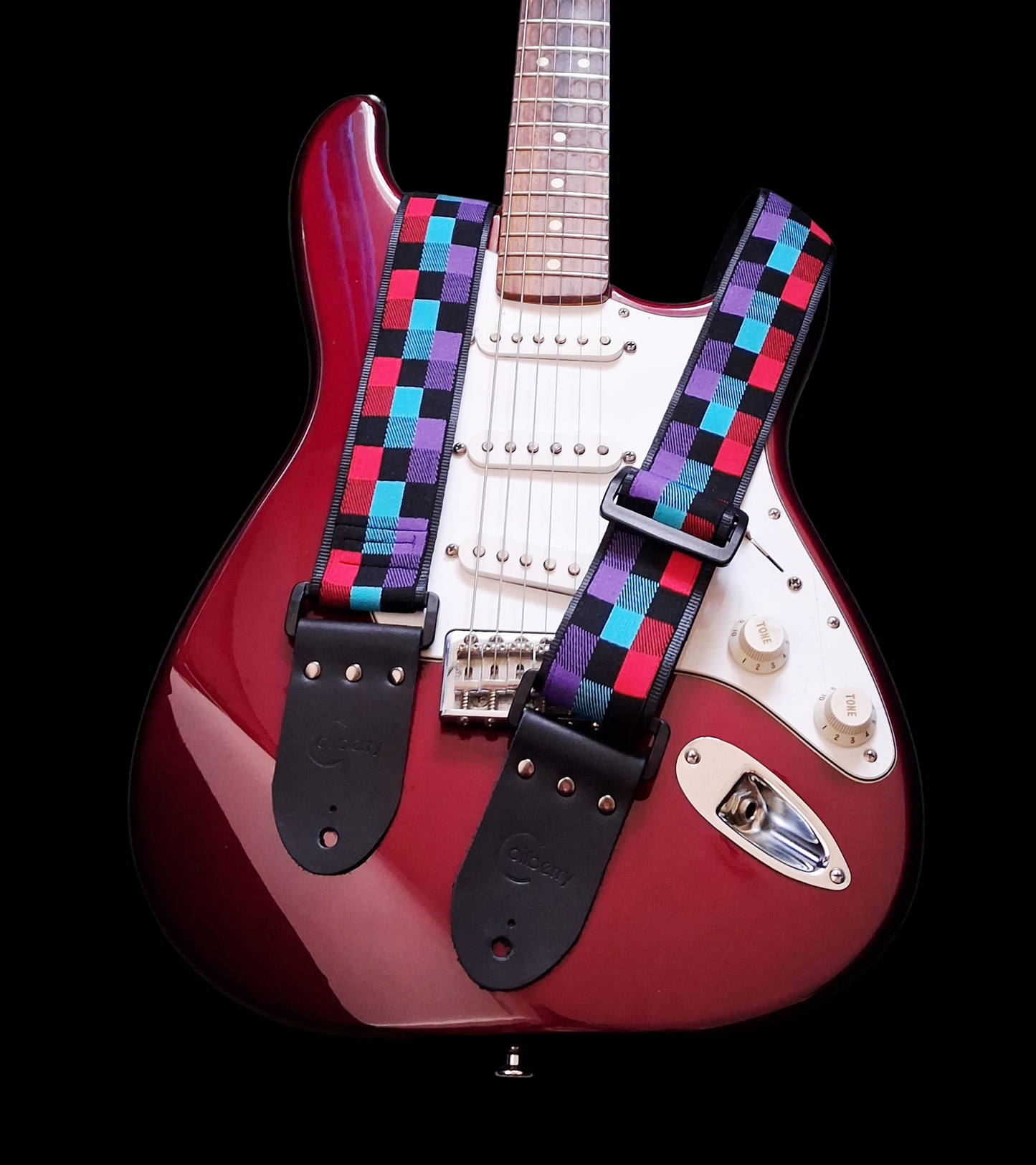 Handmade Chromatix Guitar Strap: vivid multicolour boxes pattern Jacquard Ribbon with Leather Ends. Adjustable.