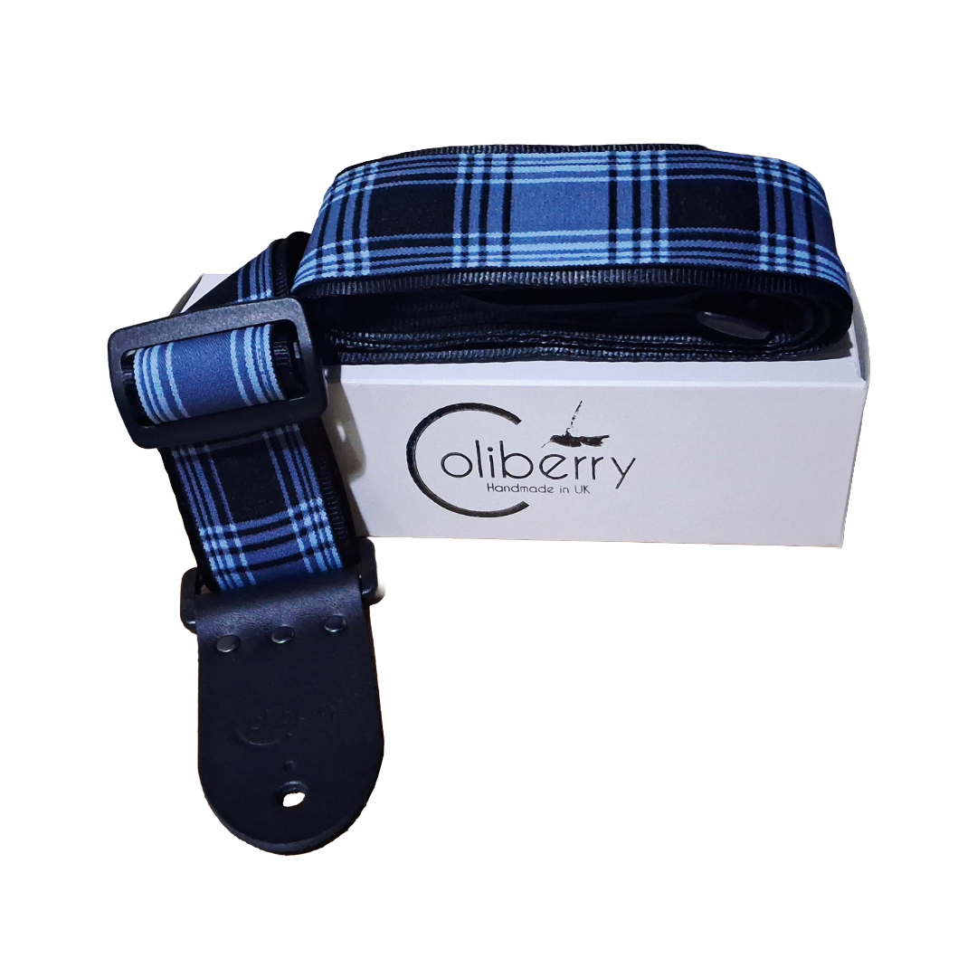 Handmade 'Tartan Blue' guitar strap with Montana Black leather ends. Adjustable.