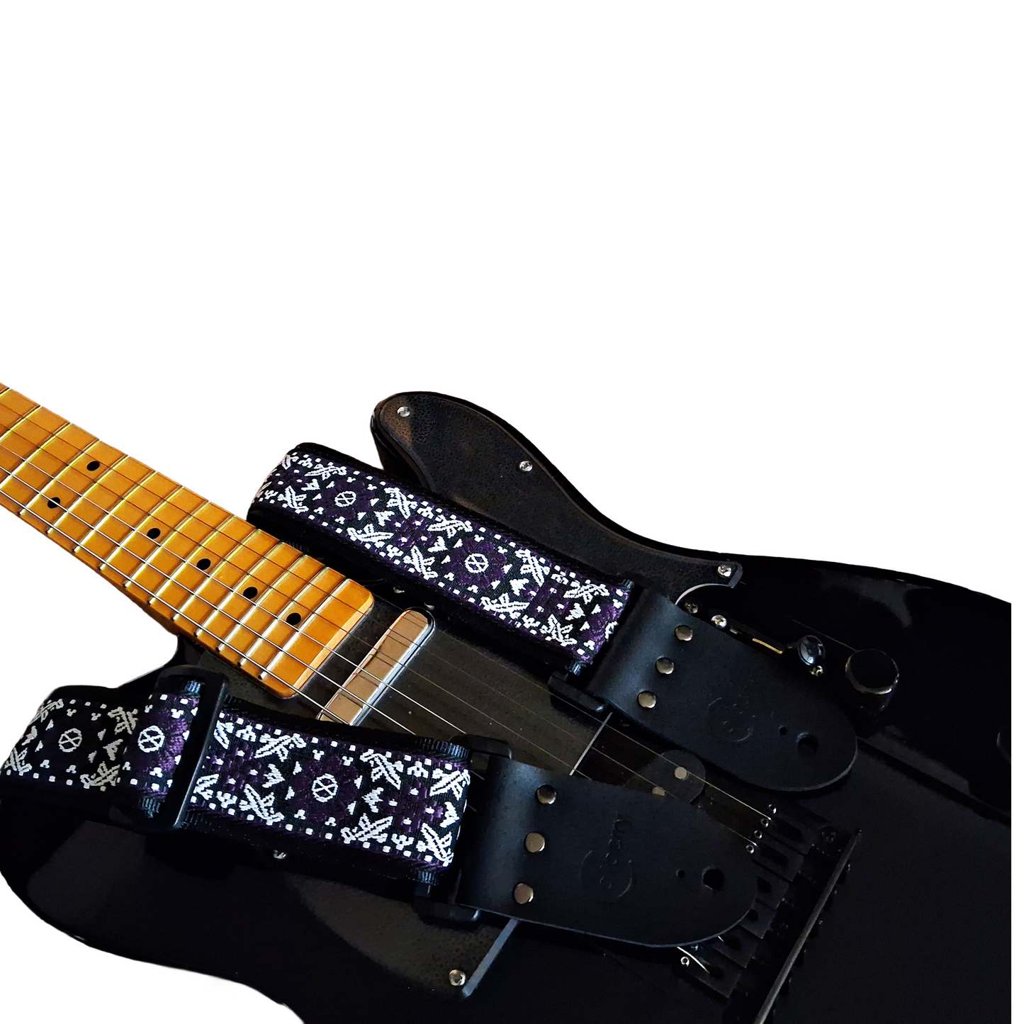 Handmade 'Purple Haze'  Guitar Strap: Patterned Webbing, Seatbelt backing and Leather Ends. Adjustable.