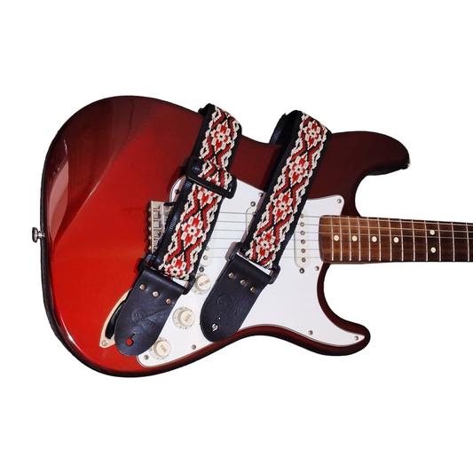 Handmade 'Inca' red guitar strap. Adjustable.