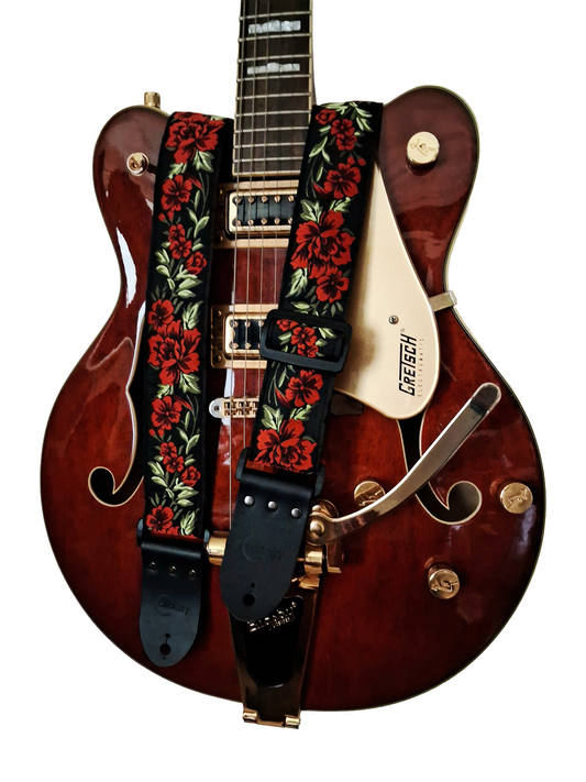 Handmade 'Red Peony' Guitar Strap with Black Real Leather ends. Adjustable.