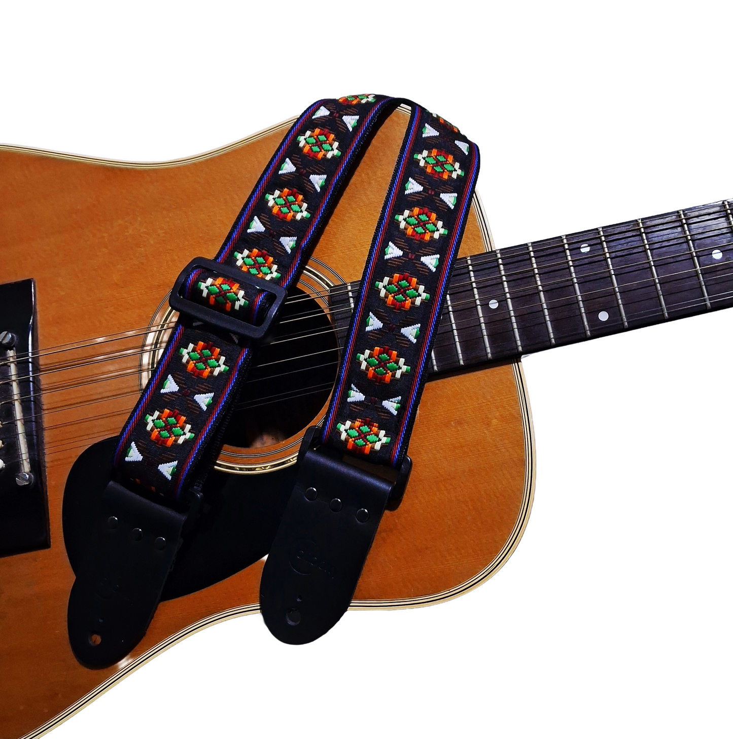 Handmade Aztec Brown Guitar Strap: Aztec pattern Jacquard Ribbon and Leather Ends.