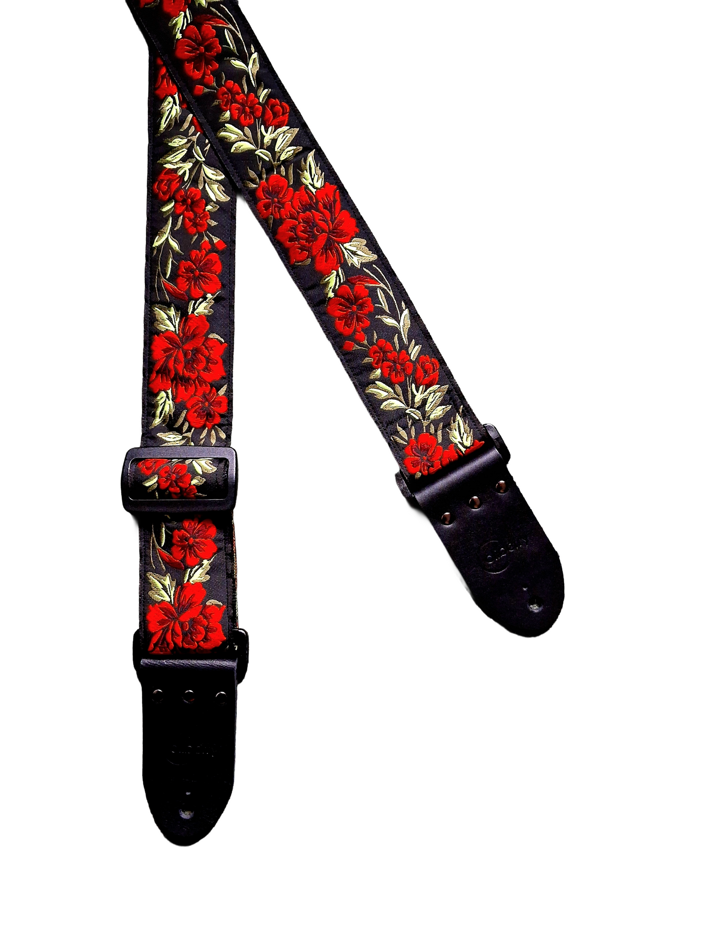 Handmade 'Red Peony' Guitar Strap with Black Real Leather ends. Adjustable.