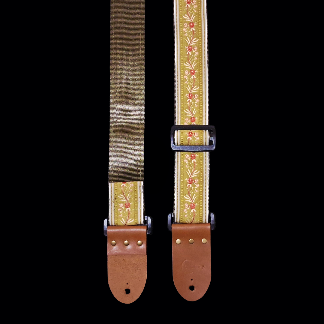 'Japanese Garden' in Olive - Handmade Guitar Strap with Real Leather ends.