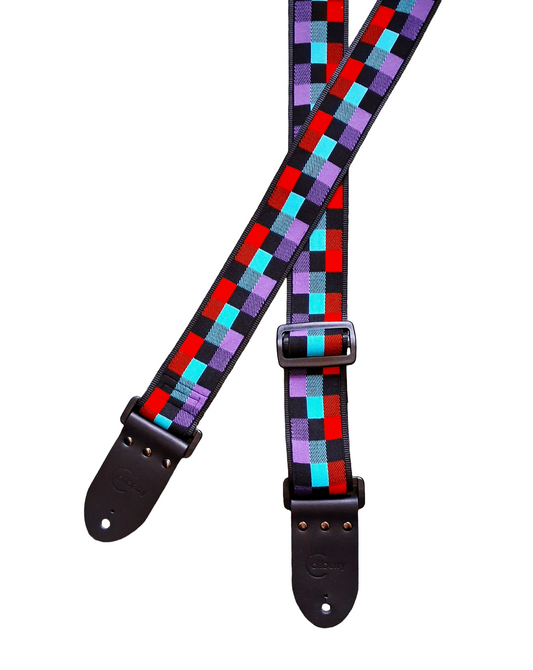 Handmade Chromatix Guitar Strap: vivid multicolour boxes pattern Jacquard Ribbon with Leather Ends. Adjustable.