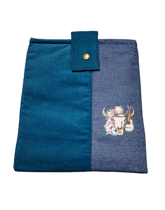 Handmade Padded Book Sleeve/Tablet Cover. Teal Corduroy and denim with snap on closure.