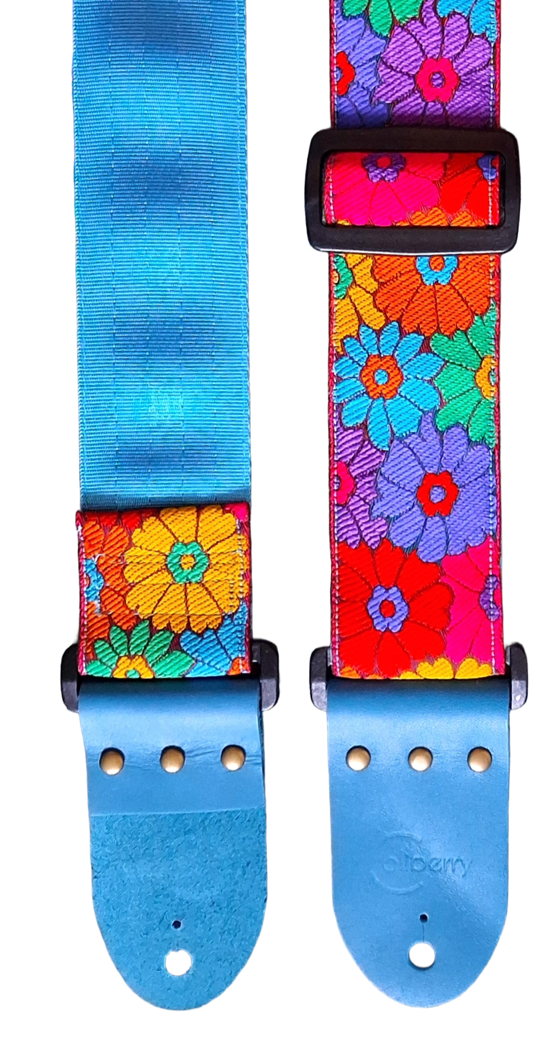 'Rainbow Meadow' Handmade Guitar Strap with blue seatbelt backing and blue real leather ends.