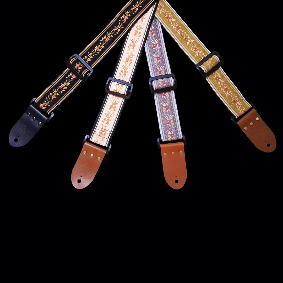 'Japanese Garden' in Cream. Handmade Guitar strap. Adjustable.