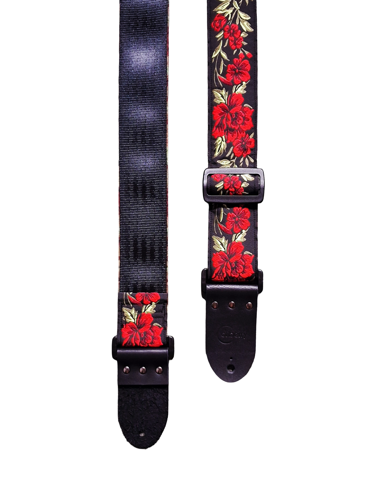 Handmade 'Red Peony' Guitar Strap with Black Real Leather ends. Adjustable.