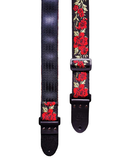 Handmade 'Red Peony' Guitar Strap with Black Real Leather ends. Adjustable.