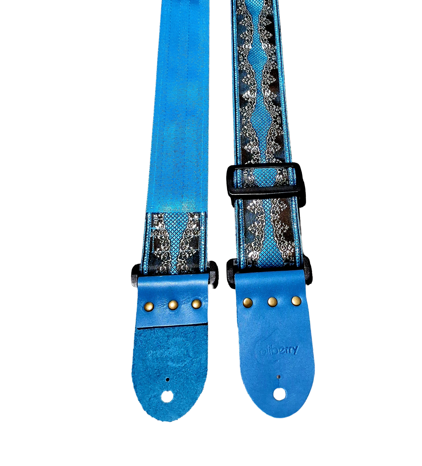 Handmade guitar strap - 'Venice' Turquoise, Black and Silver with Real Leather ends.