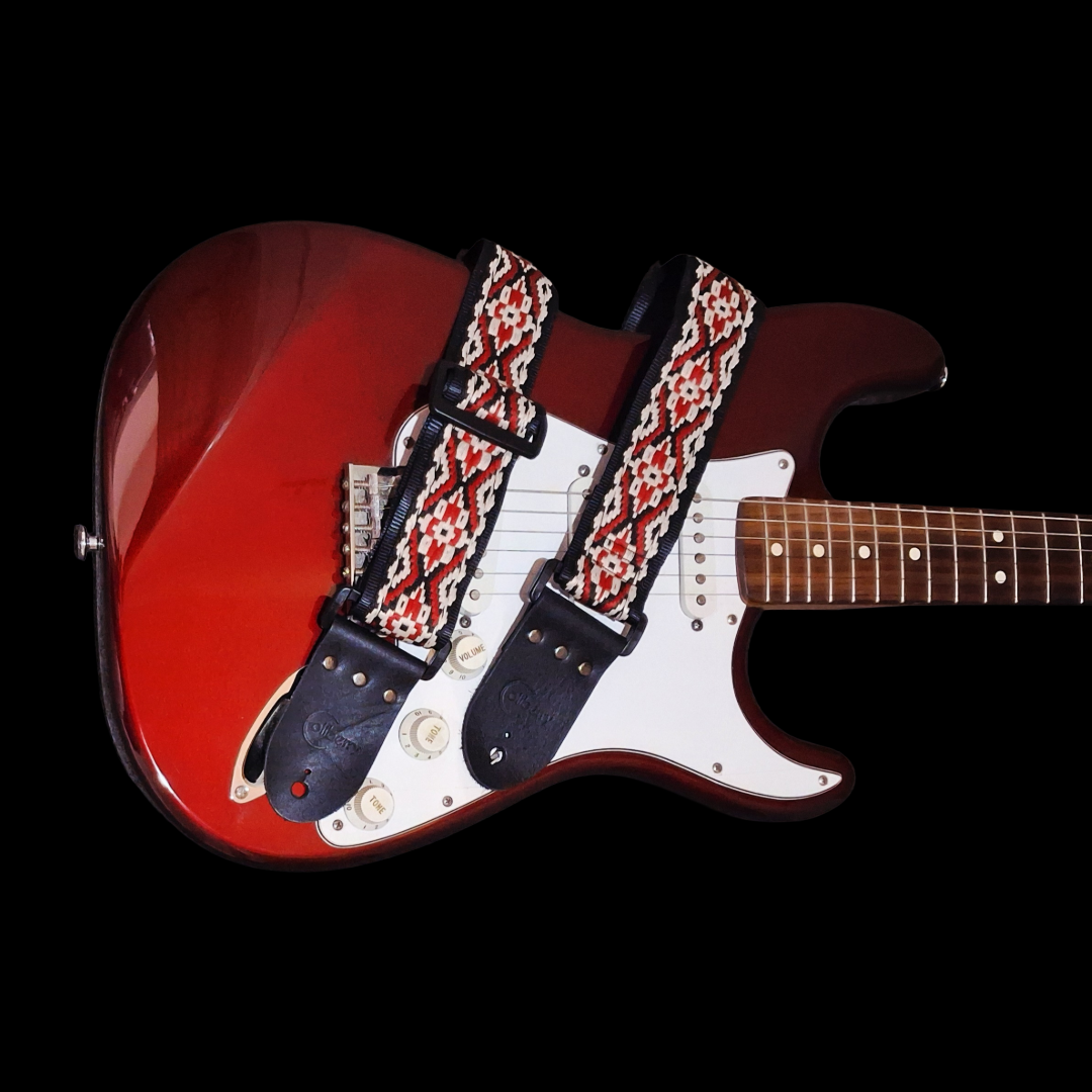 Handmade 'Inca' red guitar strap. Adjustable.