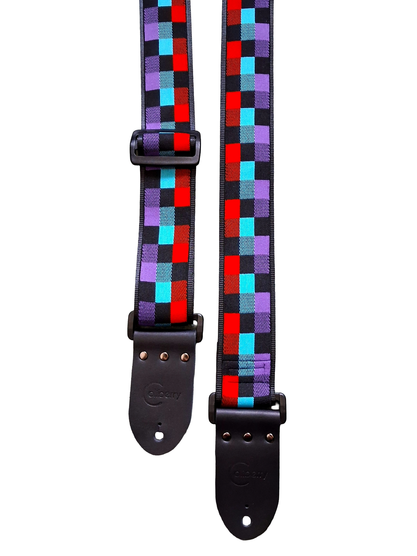 Handmade Chromatix Guitar Strap: vivid multicolour boxes pattern Jacquard Ribbon with Leather Ends. Adjustable.