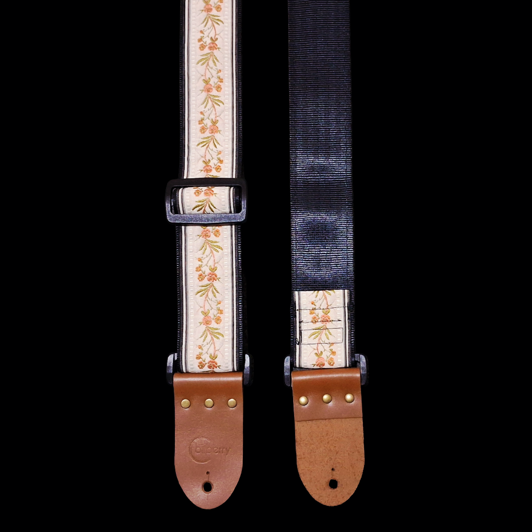 'Japanese Garden' in Cream. Handmade Guitar strap. Adjustable.