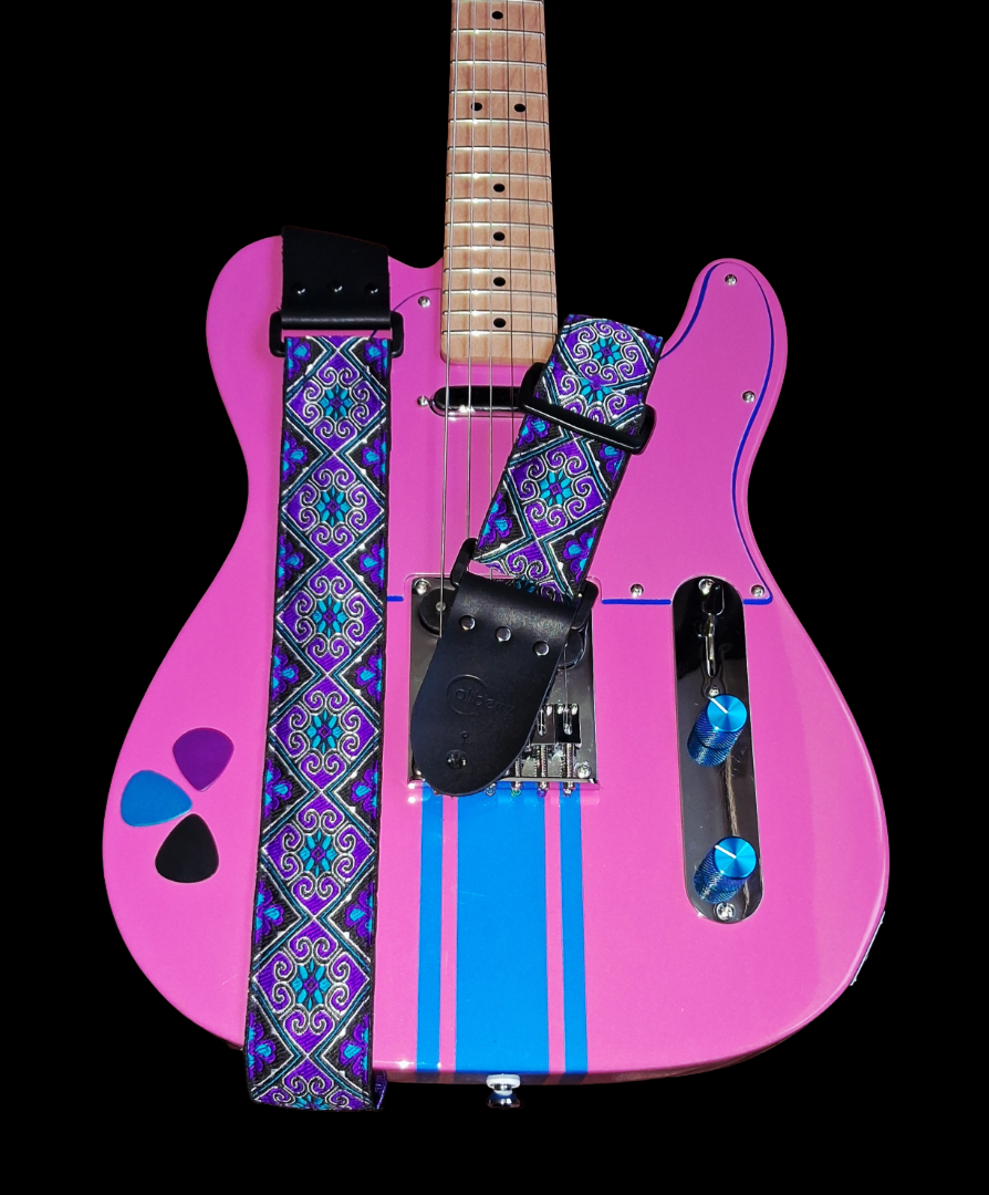 'Tribal Flower' Purple Handmade Guitar Strap. Adjustable.