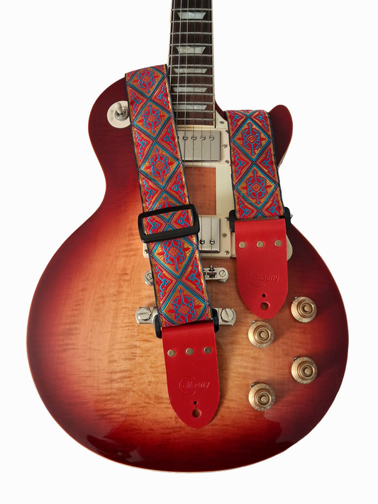 Handmade guitar strap - Tribal Red and Gold.