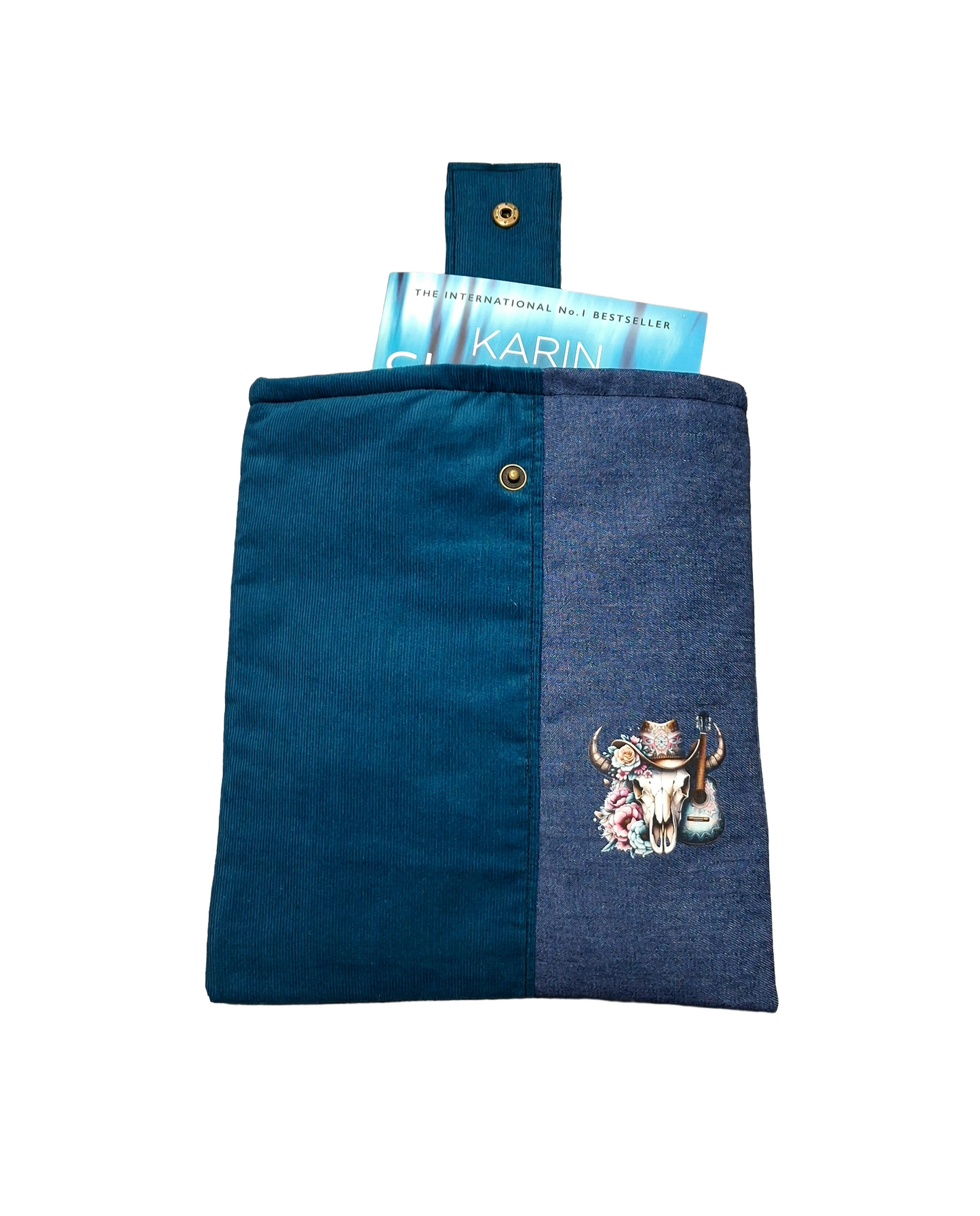 Handmade Padded Book Sleeve/Tablet Cover. Teal Corduroy and denim with snap on closure.