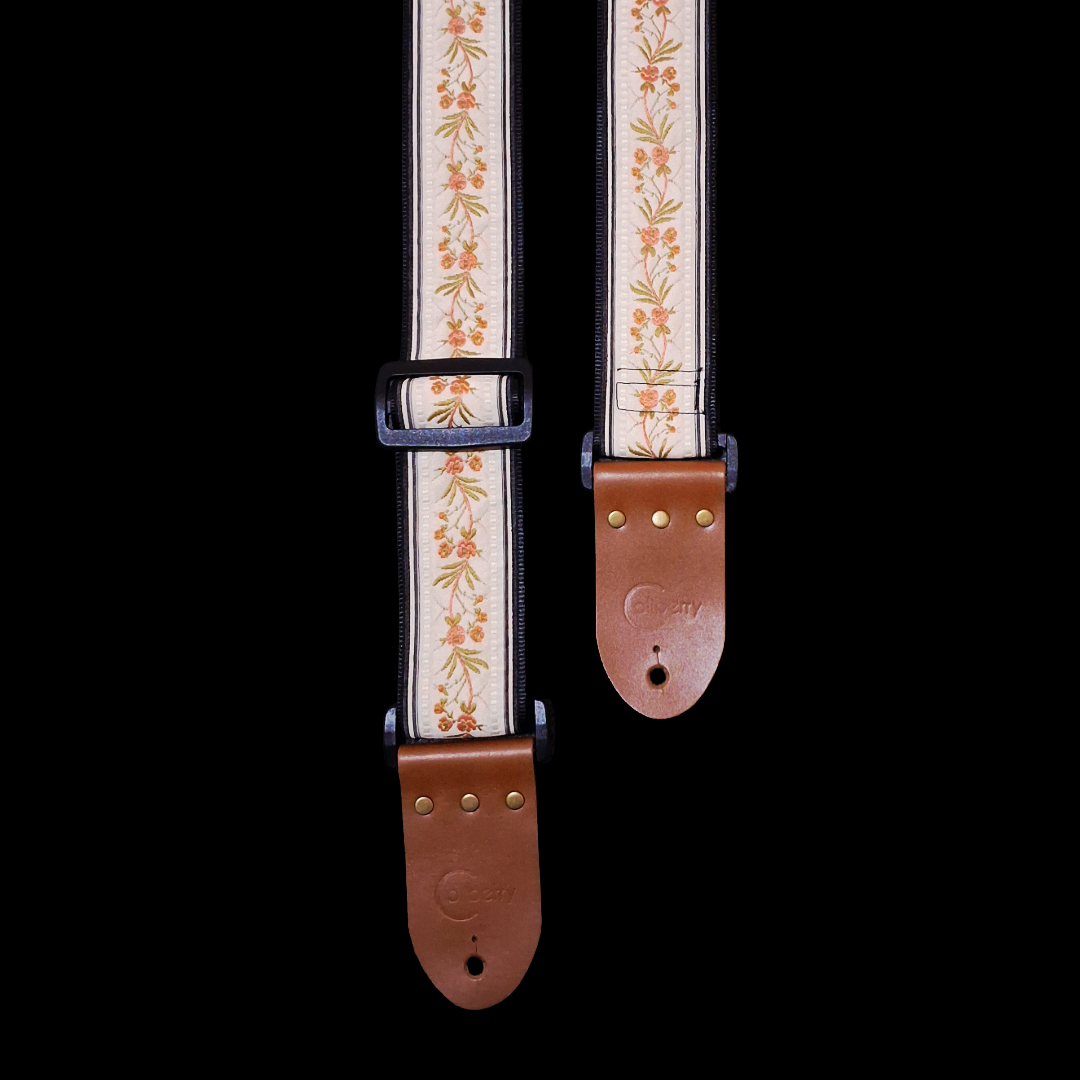 'Japanese Garden' in Cream. Handmade Guitar strap. Adjustable.