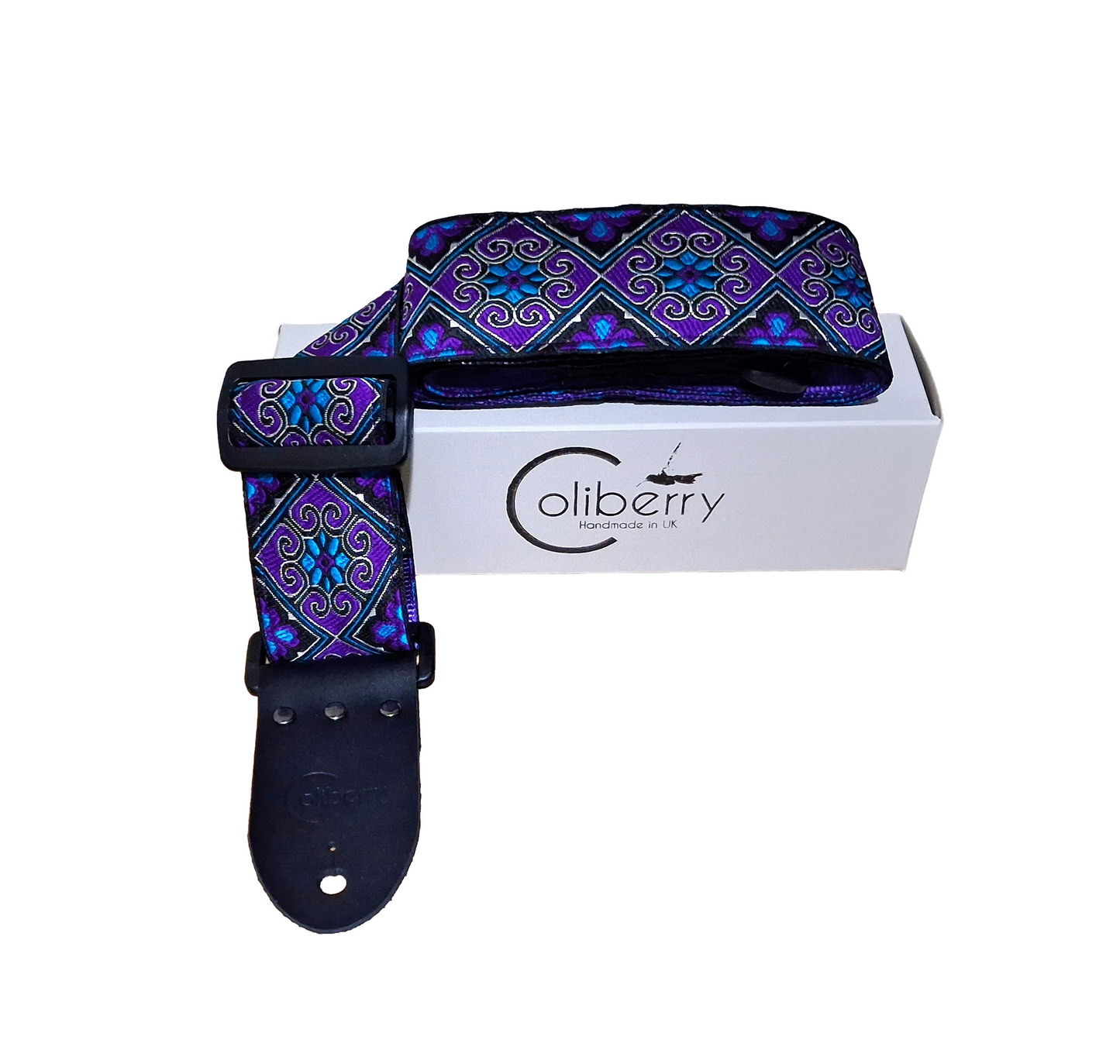 'Tribal Flower' Purple Handmade Guitar Strap. Adjustable.