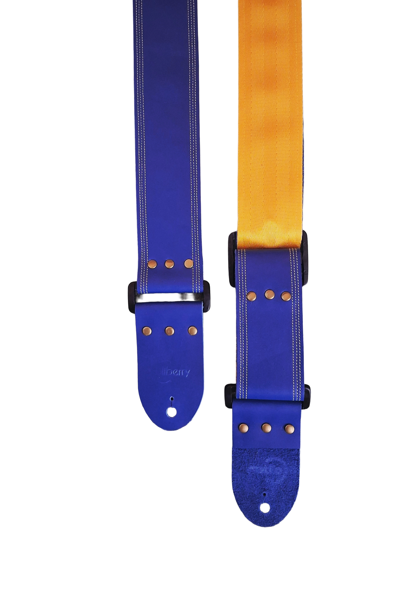 Blue Full Leather Guitar Strap with yellow seatbelt backing.