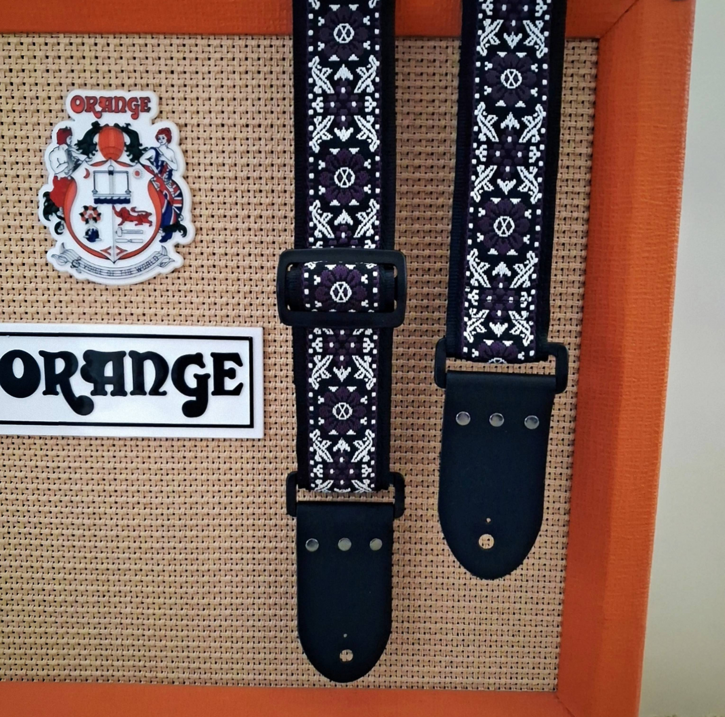 Handmade 'Purple Haze'  Guitar Strap: Patterned Webbing, Seatbelt backing and Leather Ends. Adjustable.