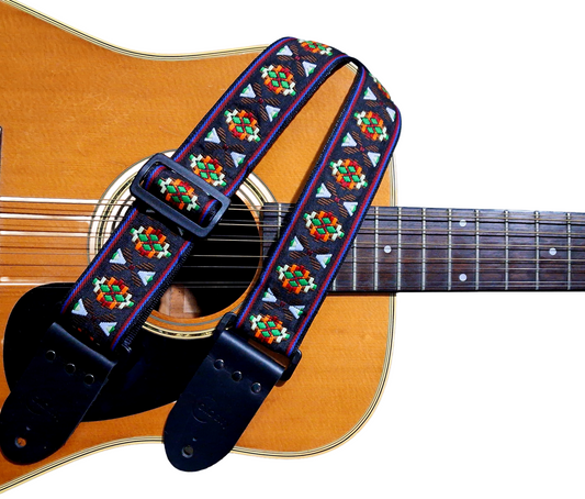 Handmade Aztec Brown Guitar Strap: Aztec pattern Jacquard Ribbon and Leather Ends.