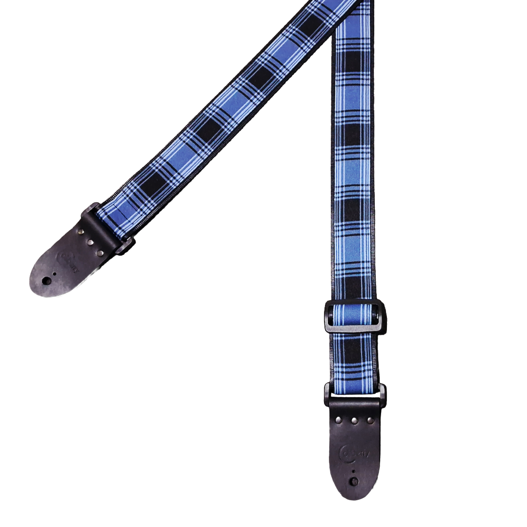 Handmade 'Tartan Blue' guitar strap with Montana Black leather ends. Adjustable.