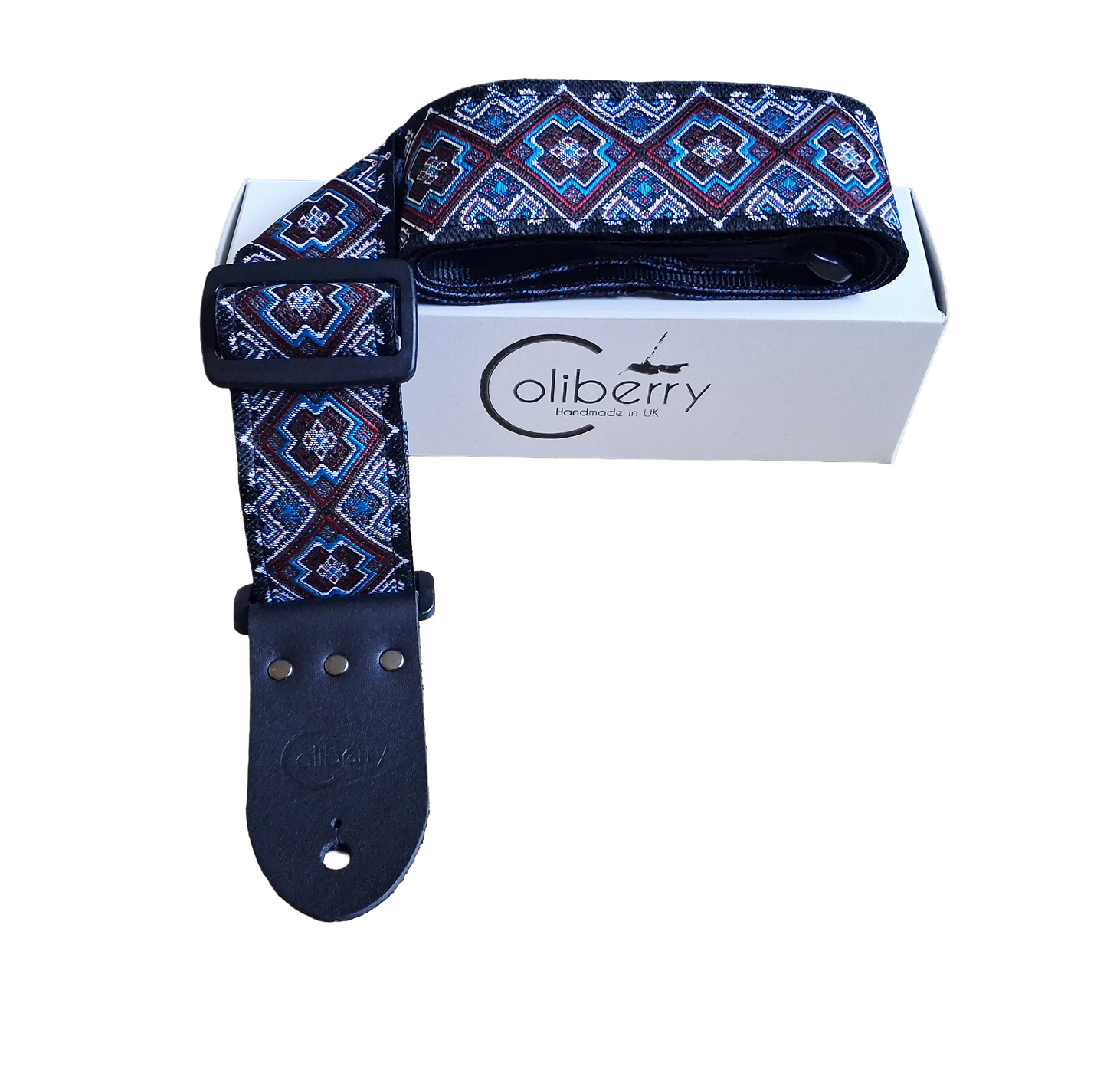 Handmade 'Cherokee' guitar strap. Jaquard Ribbon and Leather Ends. Adjustable.