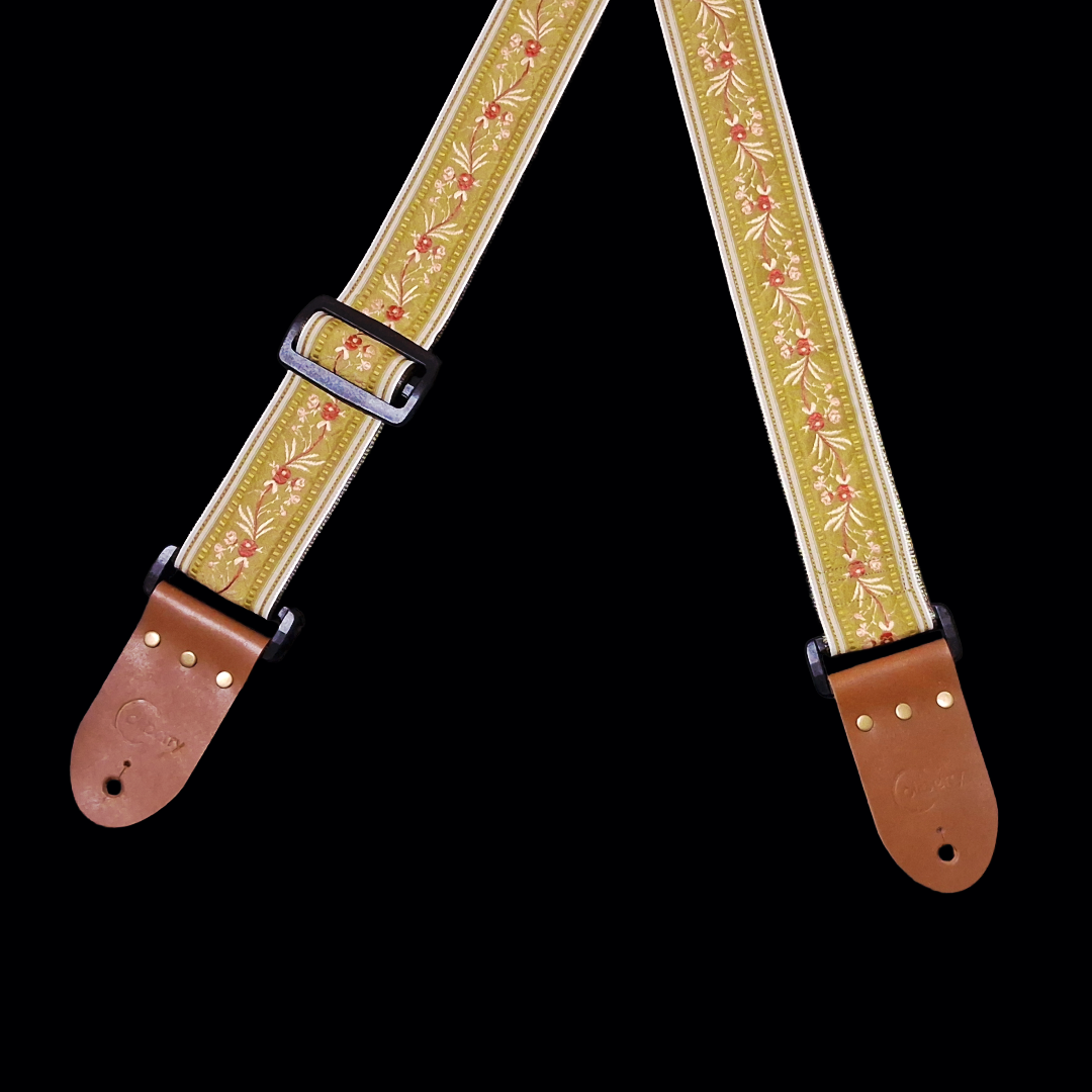 'Japanese Garden' in Olive - Handmade Guitar Strap with Real Leather ends.