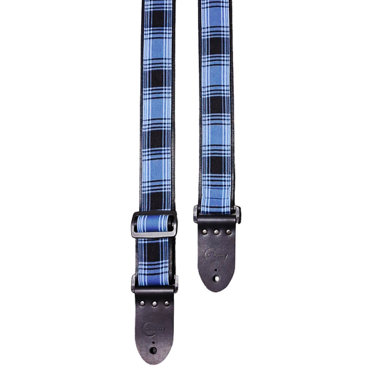 Handmade 'Tartan Blue' guitar strap with Montana Black leather ends. Adjustable.