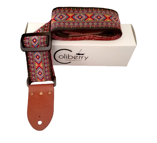 Handmade guitar strap - 'Bohemian' with multicolored design on front with Black Seatbelt backing and Montana Hazelnut Real Leather end.