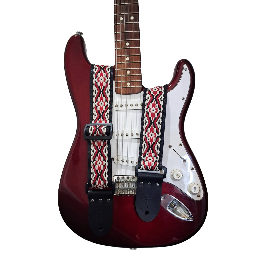 Handmade 'Inca' red guitar strap. Adjustable.