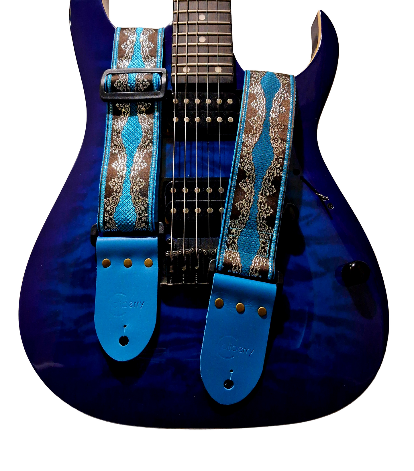 Handmade guitar strap - 'Venice' Turquoise, Black and Silver with Real Leather ends.