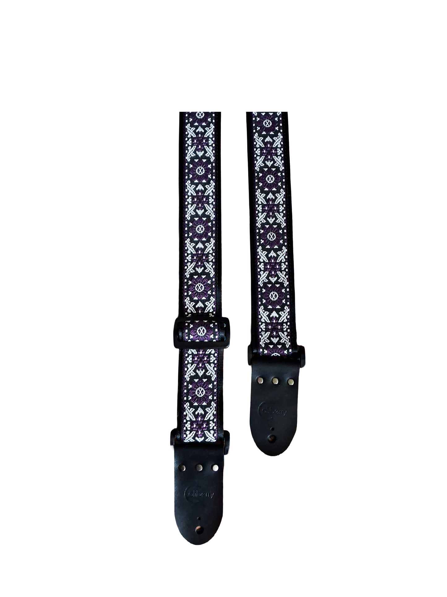 Handmade 'Purple Haze'  Guitar Strap: Patterned Webbing, Seatbelt backing and Leather Ends. Adjustable.