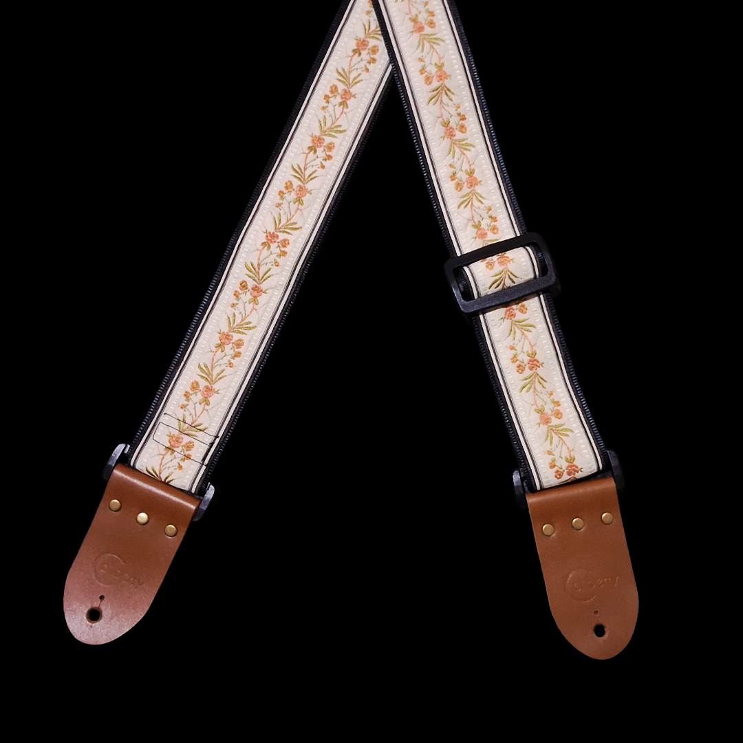 'Japanese Garden' in Cream. Handmade Guitar strap. Adjustable.