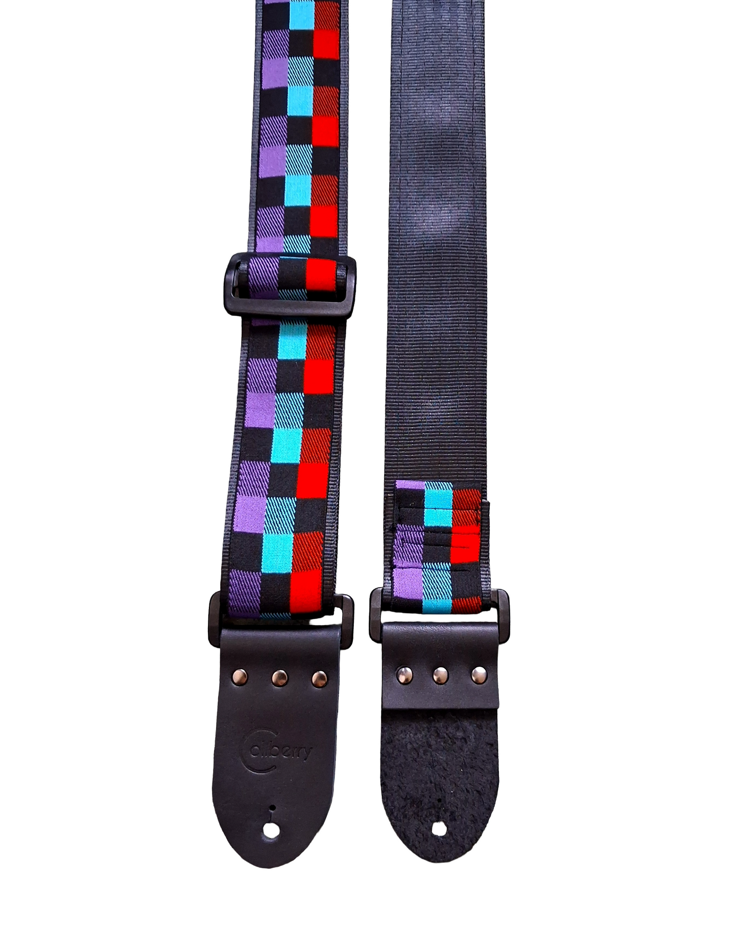 Handmade Chromatix Guitar Strap: vivid multicolour boxes pattern Jacquard Ribbon with Leather Ends. Adjustable.