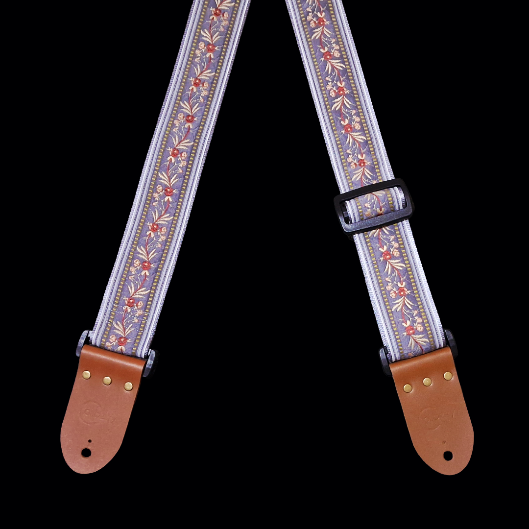 'Japanese Garden' in Grey. Handmade Guitar Strap with Real Leather ends. Adjustable.