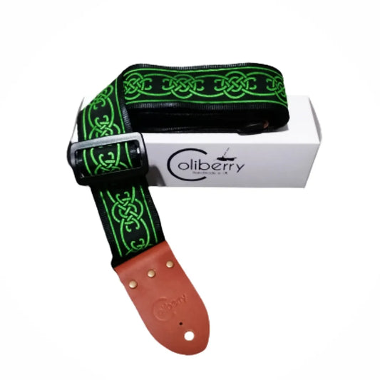 Handmade guitar strap 'Green Celtic Chain' Jaquard Ribbon on front with Black Seatbelt backing and Montana Hazelnut colour Real Leather ends